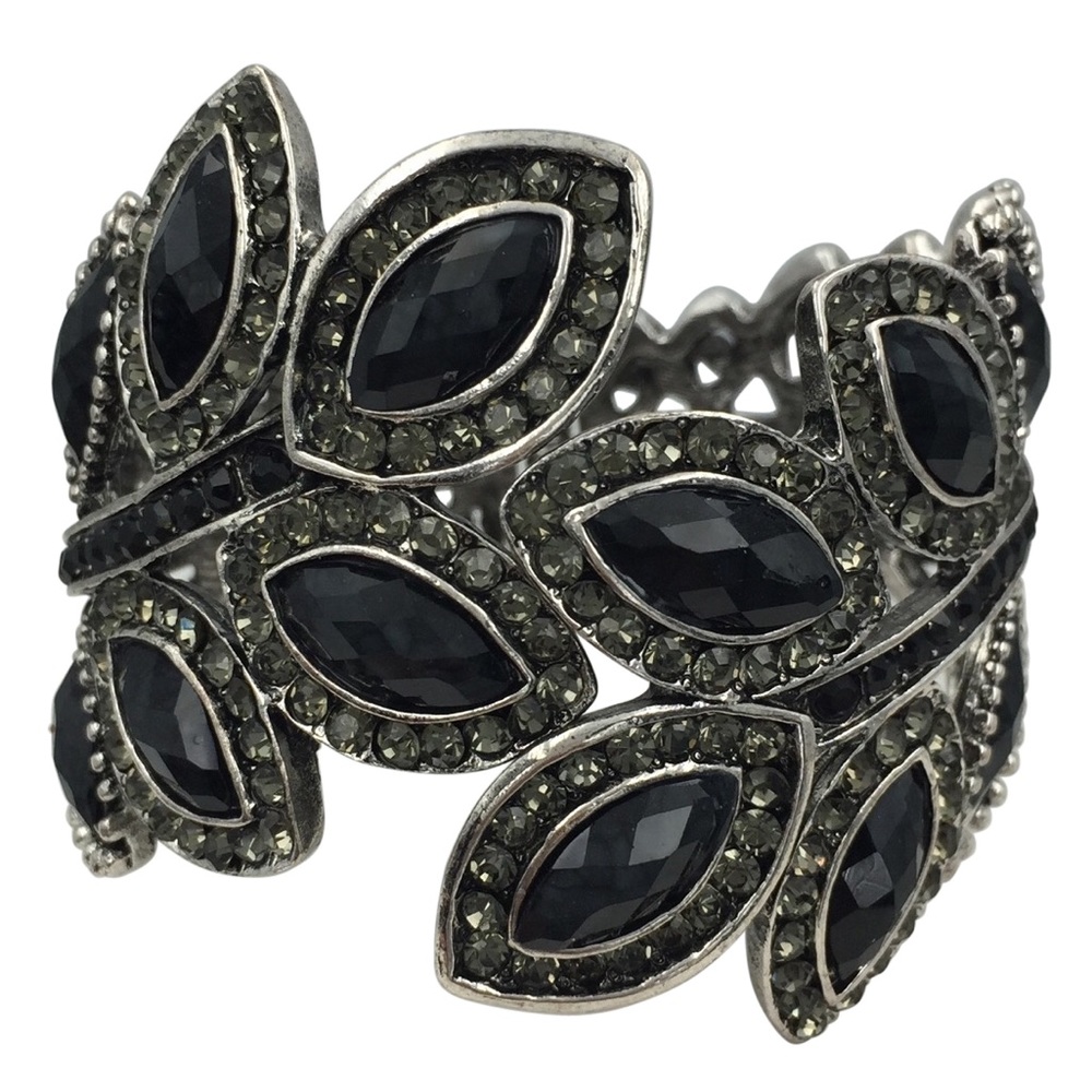 Large Black Leaf Leaves Branch Fancy Rhinestone Silver Hinged Bangle Bracelet